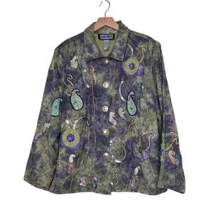 Indigo Moon women’s 1X art to wear Lagenlook green purple embellished jacket‎